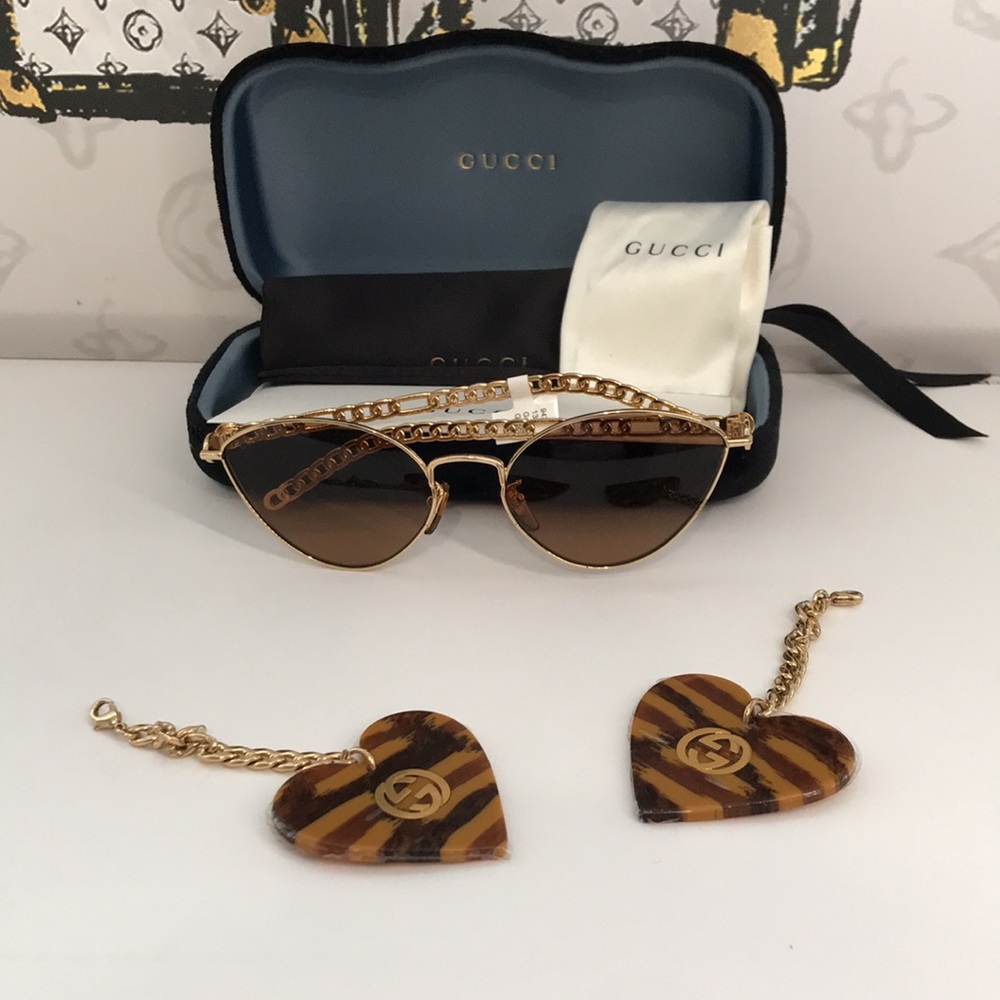 New Authentic Gucci GG0977S 002 Gold Cat-Eye Sunglasses Brown Lenses - Picture 9 of 11